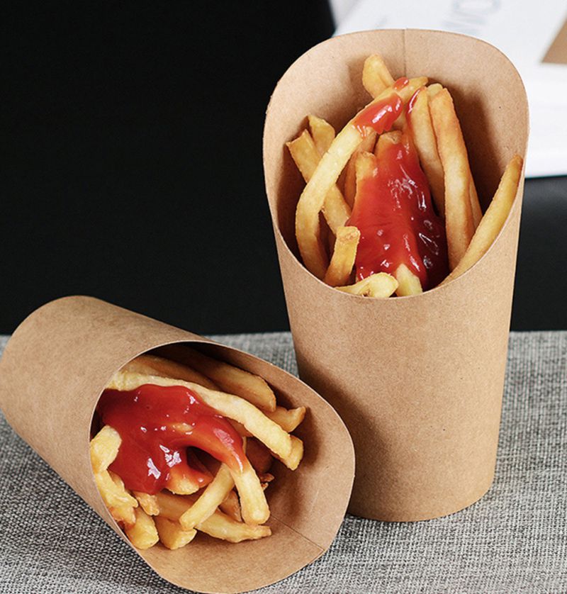 50pcs 14/16oz Disposable Kraft Paper French Fries Holder Snack Chips Packing Boxes Takeaway Party Baking Supplies