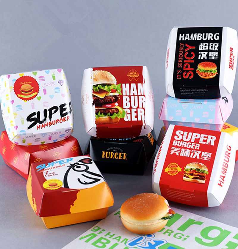 100pcs Hamburger Packaging Box White Card Creative Baking Delicious Bread Paper Box Picnic Party Food Disposable Package