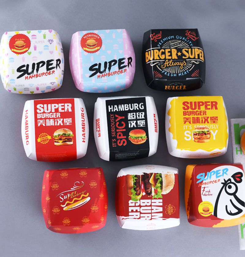 100pcs Hamburger Packaging Box White Card Creative Baking Delicious Bread Paper Box Picnic Party Food Disposable Package