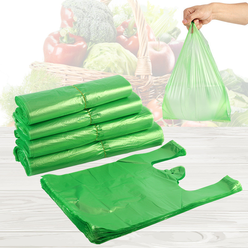 100pcs Green Plastic Bag Supermarket Grocery Gift Shopping Storage Bag with Handle Vest Bag Kitchen Clean Garbage Bag