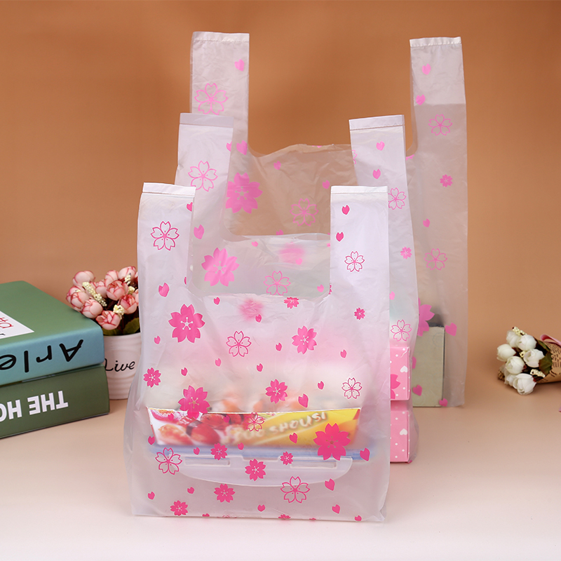 100pcs/lot Supermarket Shopping Plastic bags Pink Cherry Blossom Vest bags Gift Cosmetic Bags Food packaging bag Candy Bag